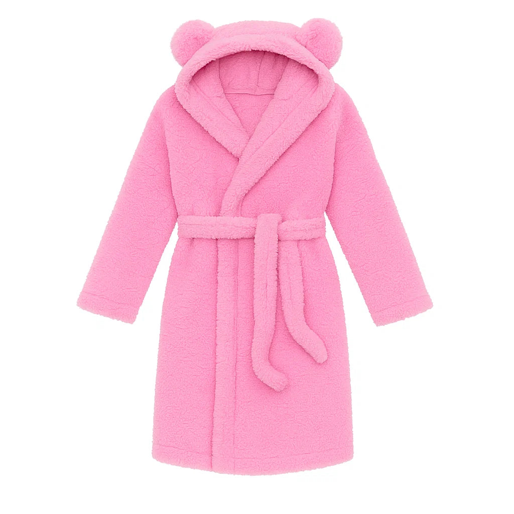 Pink children's robe with bear ears on a white background
