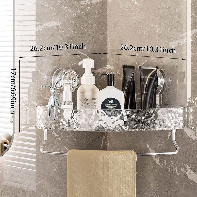 Clear acrylic bathroom shelf with toiletries on a marble wall background