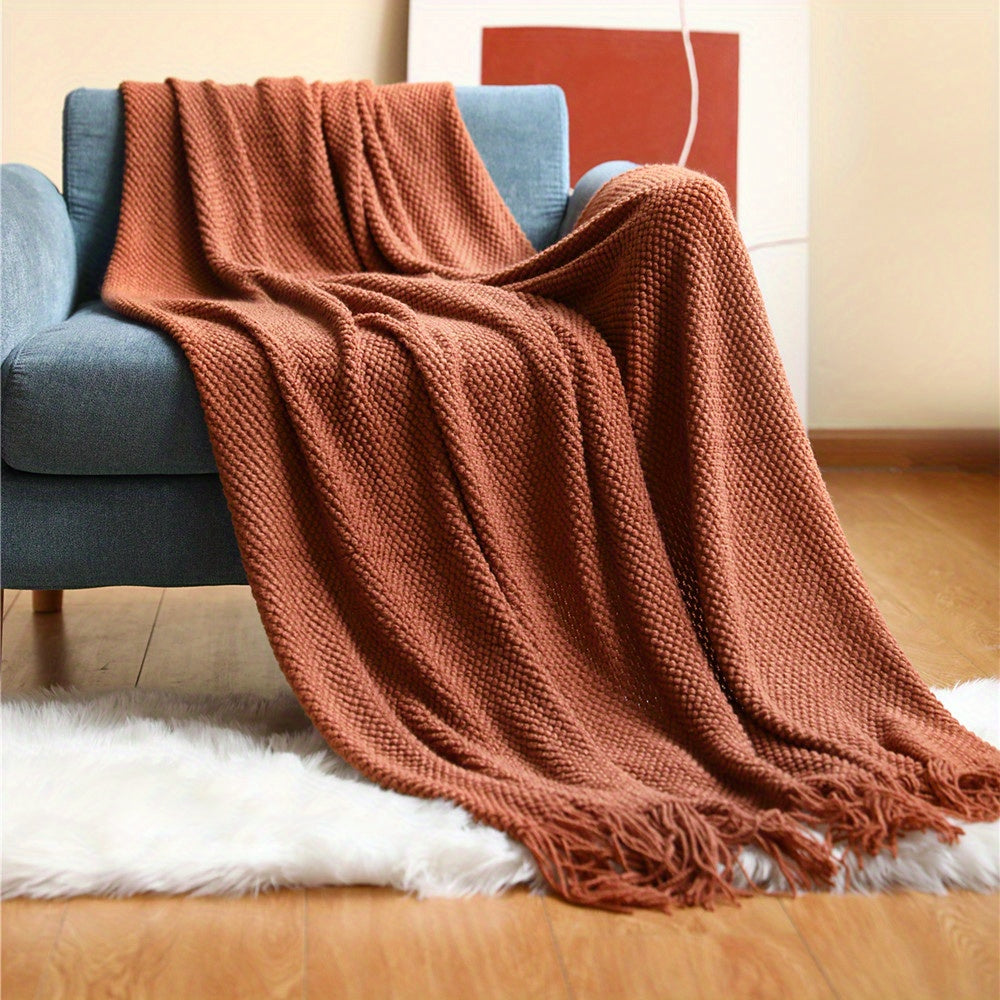 Knitted Throw Blanket with Tassels – Lightweight Bubble Texture Blanket for Sofa, Bed & Home Décor