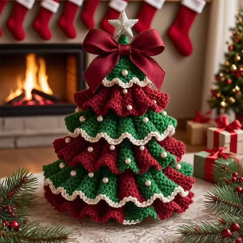 Knitted Christmas tree with red and green colors, surrounded by festive decorations and stockings.