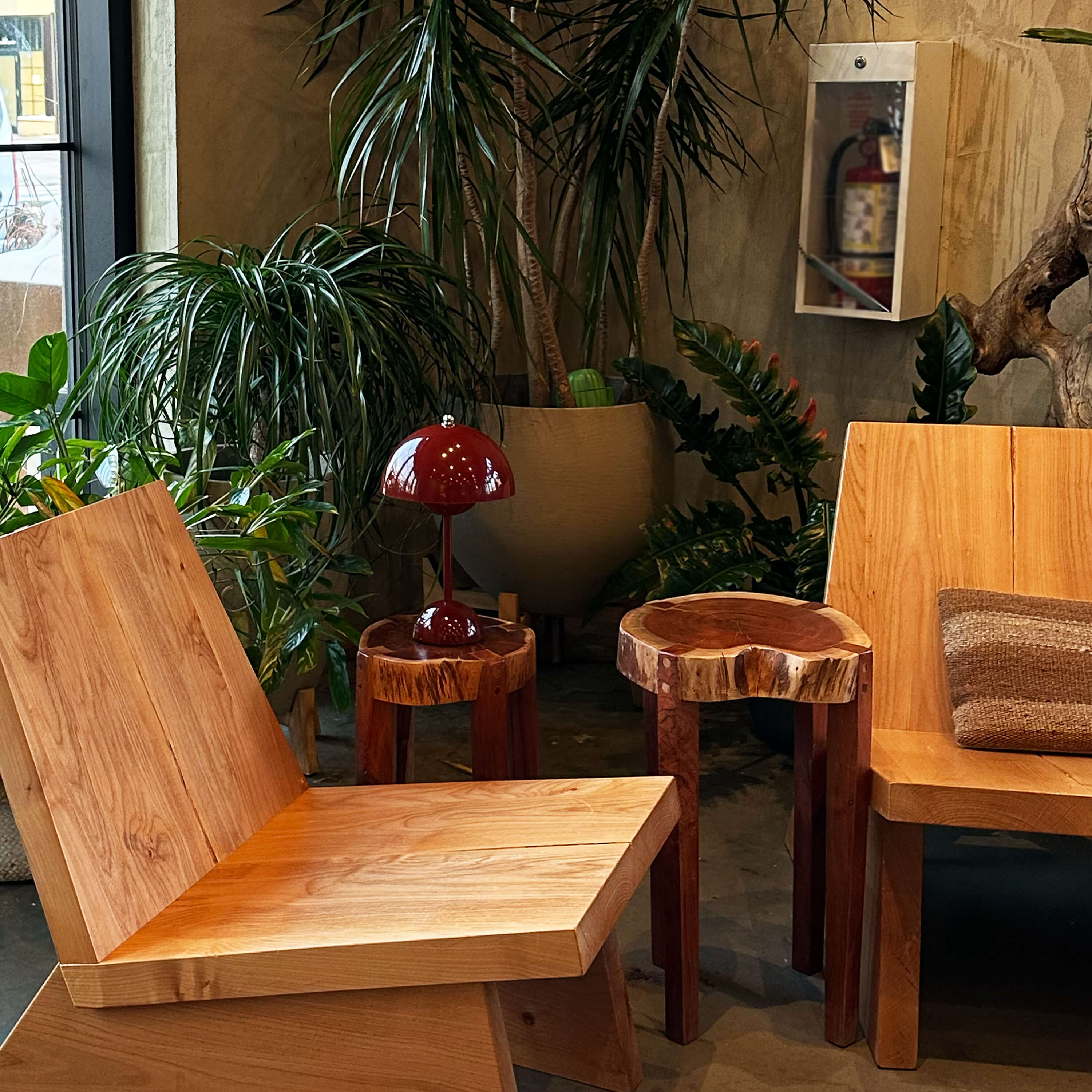 Wooden furniture set with a red lamp and plants in a room setting