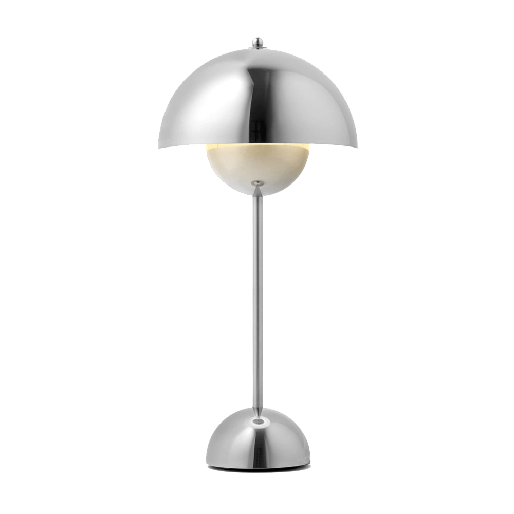 Modern table lamp with chrome finish on a white background