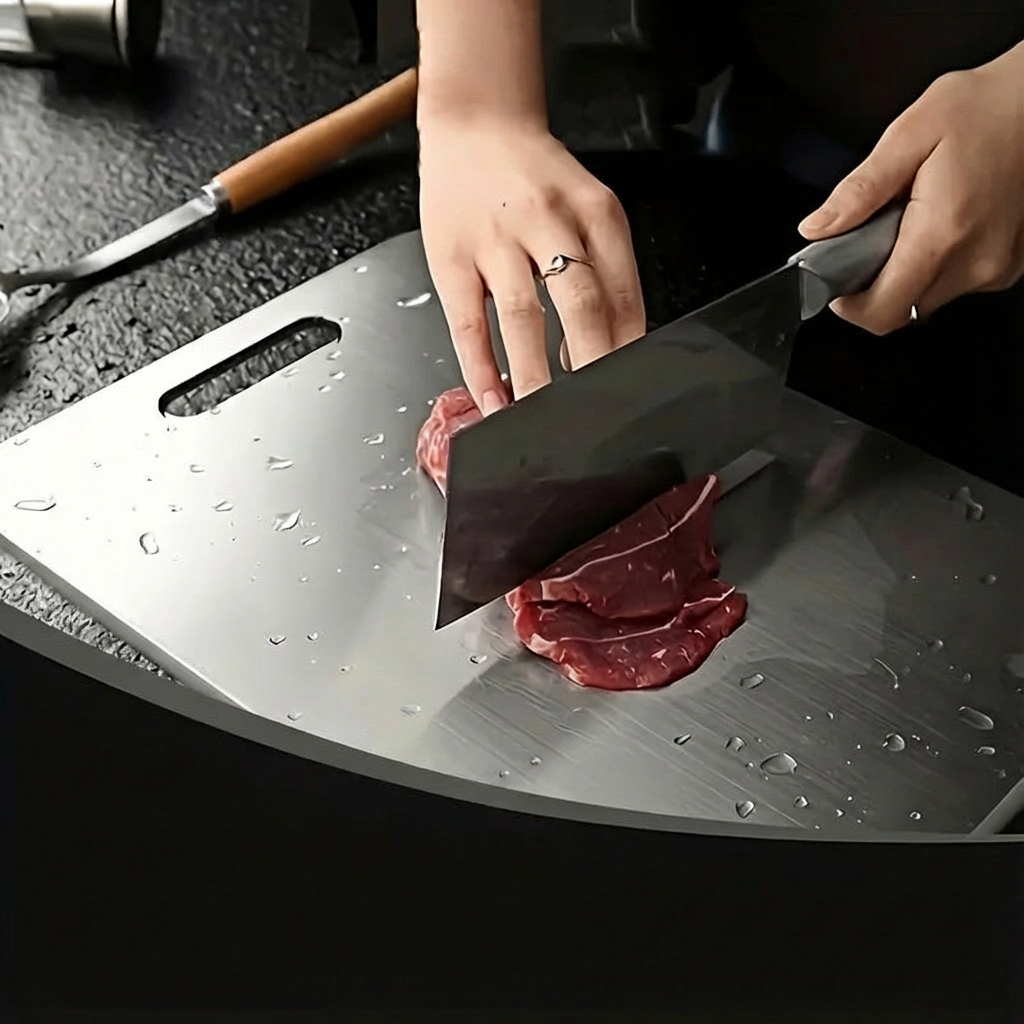 Person cutting meat on a large metal cutting board with a knife.