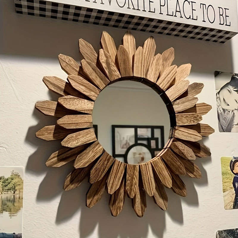 Wooden sunflower mirror on a wall with decorative elements