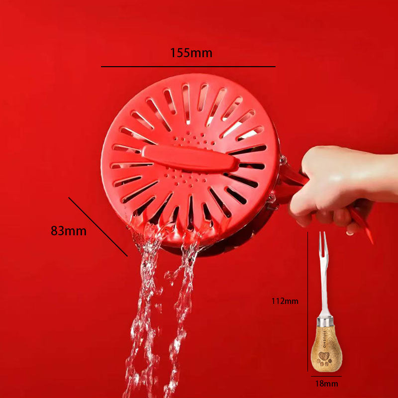 Red shower head with water flowing, held by a hand, on a red background with measurements.