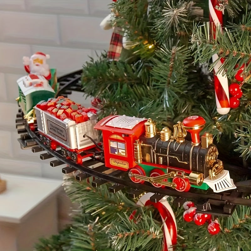 Toy train set on a Christmas tree with decorations