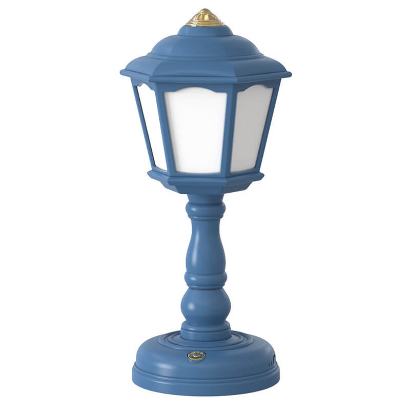 Blue outdoor lamp with white glass shade on a white background
