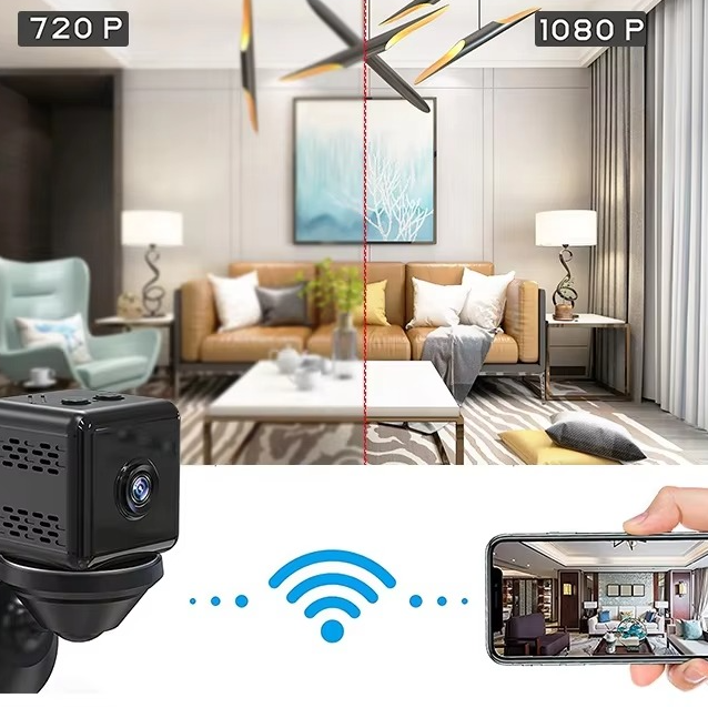 Smart home security camera with live streaming features displayed in a living room setting.