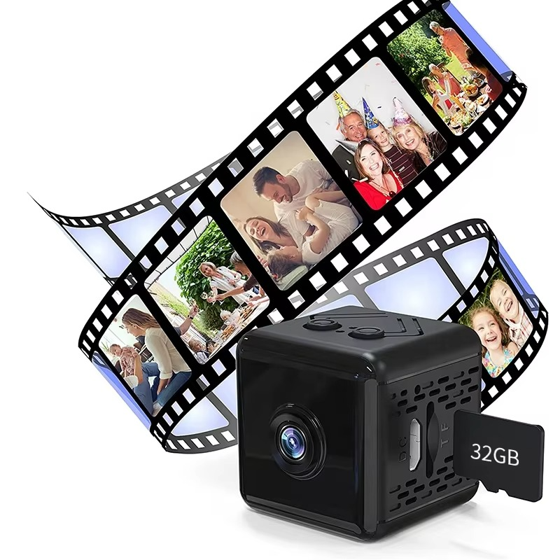 Black camera with film strip and family photos, emphasizing extra-long battery life.