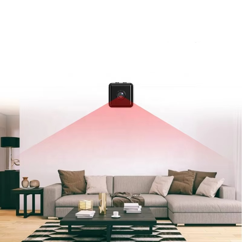 Camera with wide-angle lens projecting a view of a living room.