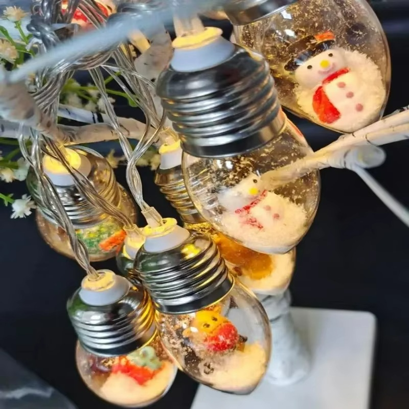 Decorative string lights with snowman figures inside clear bulbs on a dark background.
