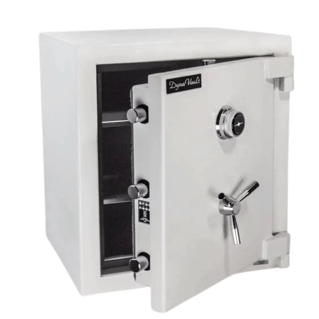 Hayman DV-2219 DynaVault Burglar Fire Safe with a combination dial lock and the door partially opened