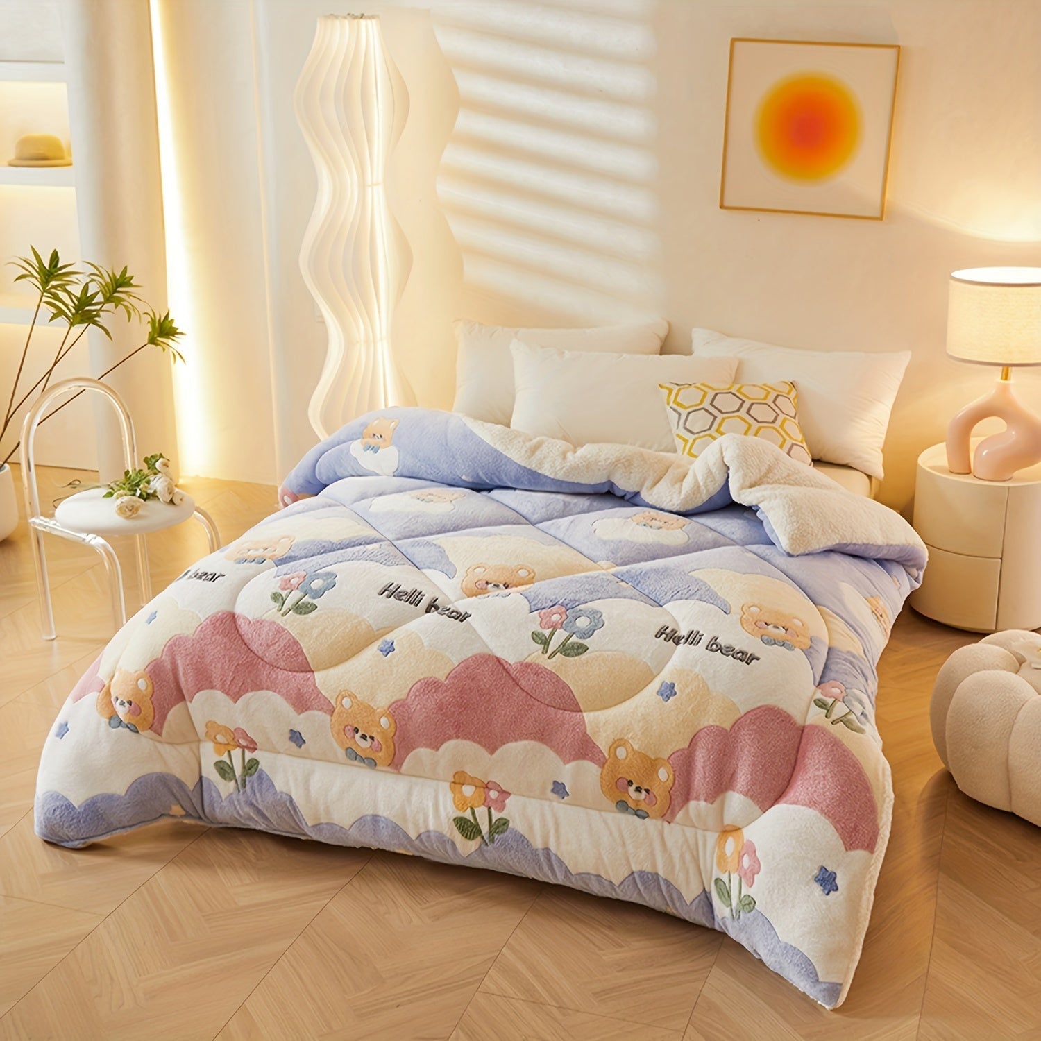 Bed with cartoon-themed bedding in a cozy bedroom setting