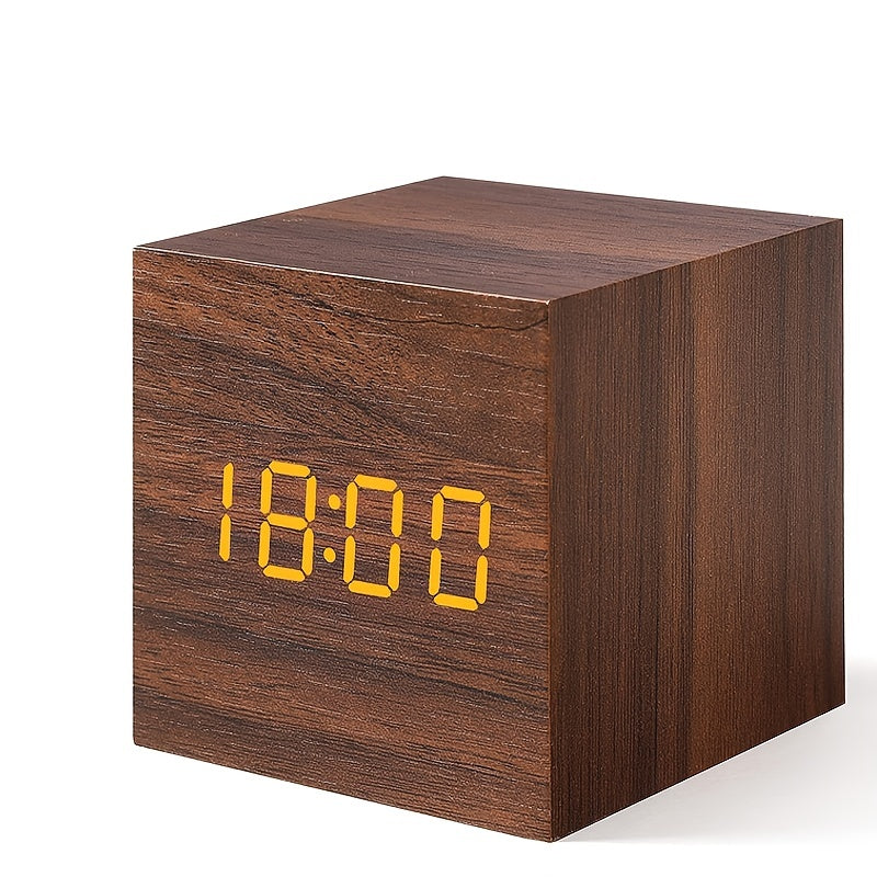 Wooden digital clock with digital display on a white background
