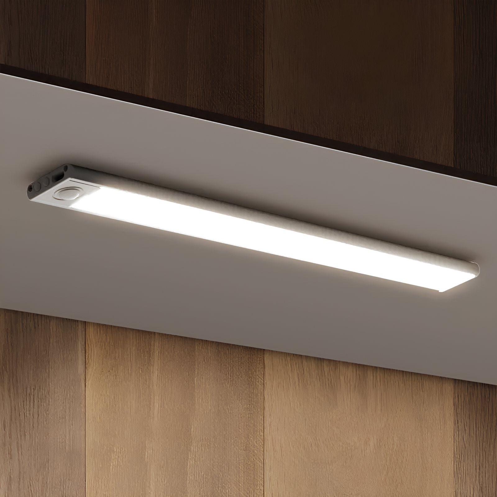 Under-cabinet LED light fixture on a kitchen cabinet