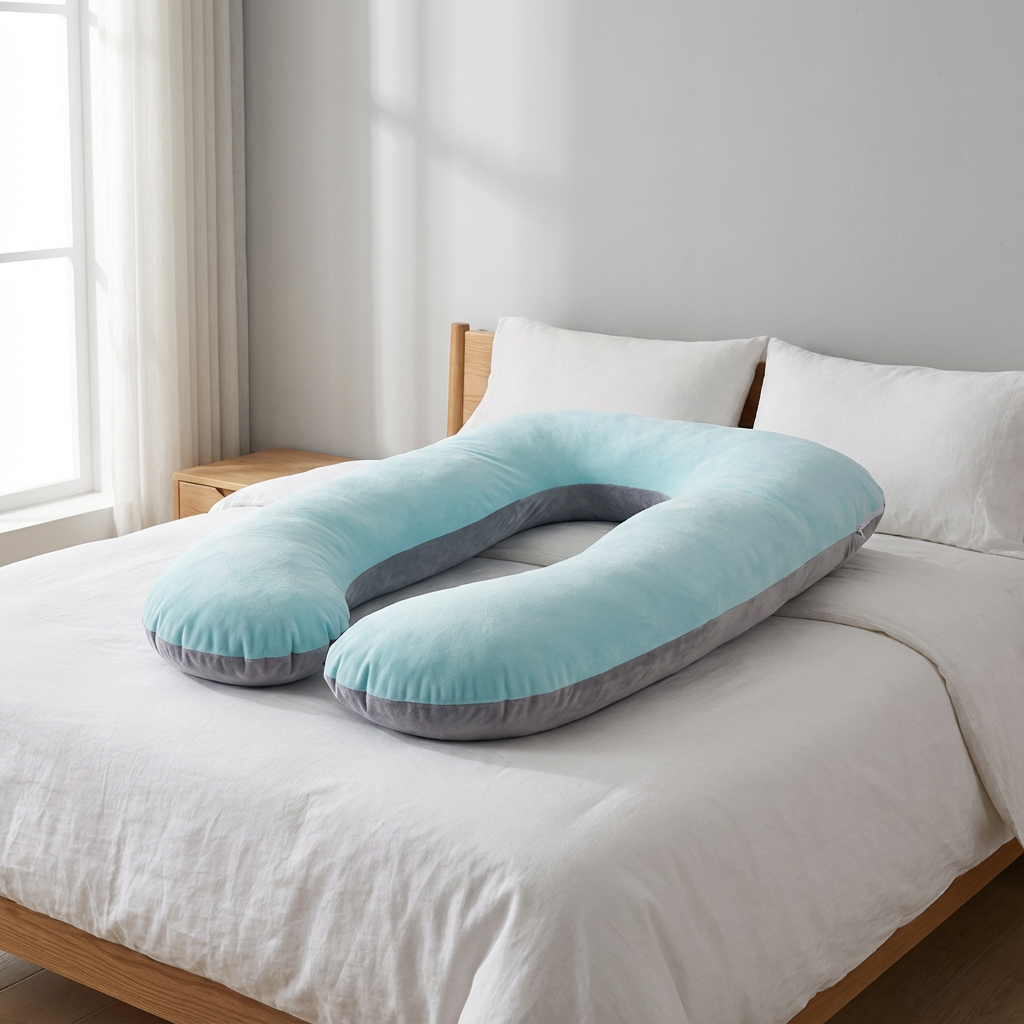 U-shaped pillow on a bed in a bright bedroom