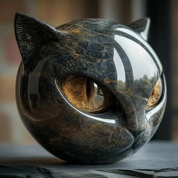 Stone sculpture of a cat's head with detailed features on a blurred background