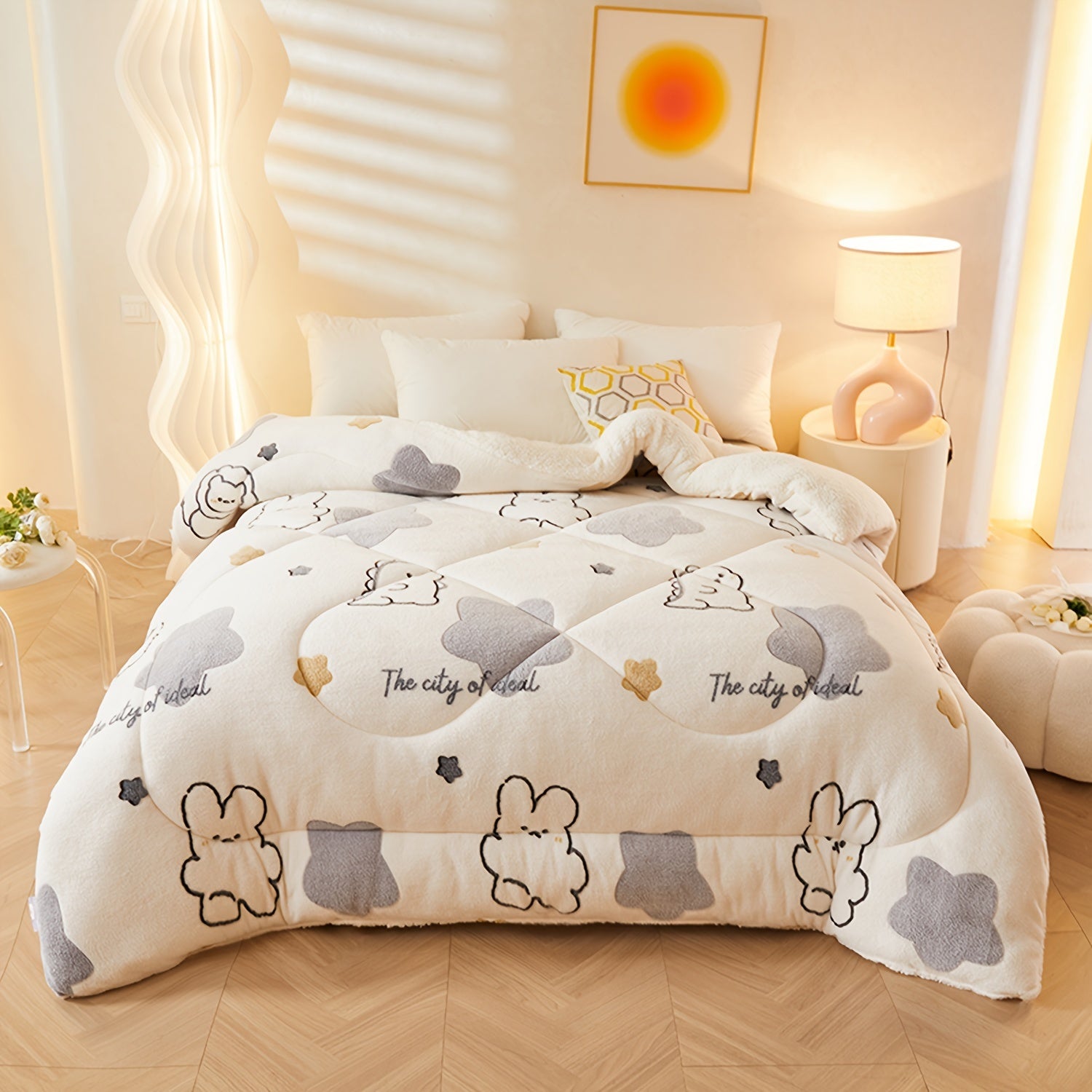 Bed with cartoon-themed comforter in a cozy bedroom setting