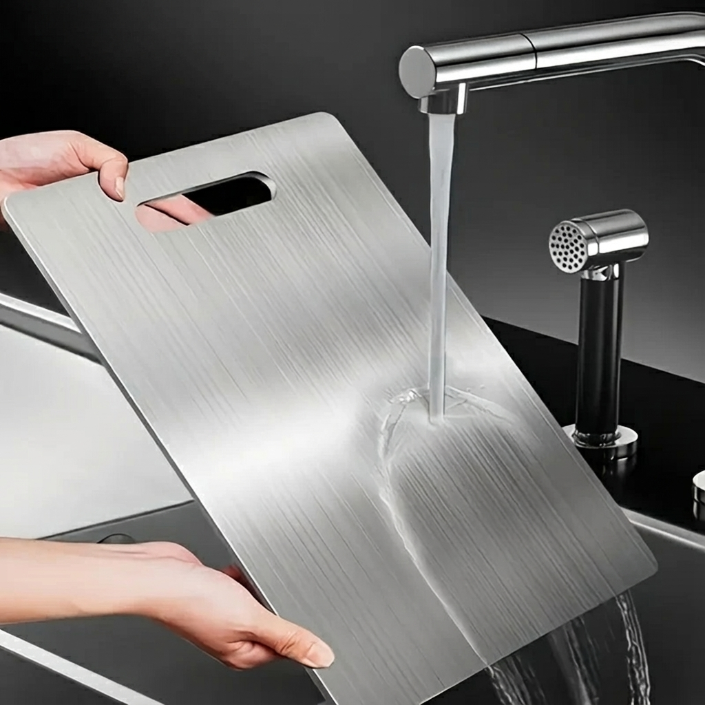 Person holding a metallic cutting board under running water in a kitchen sink.