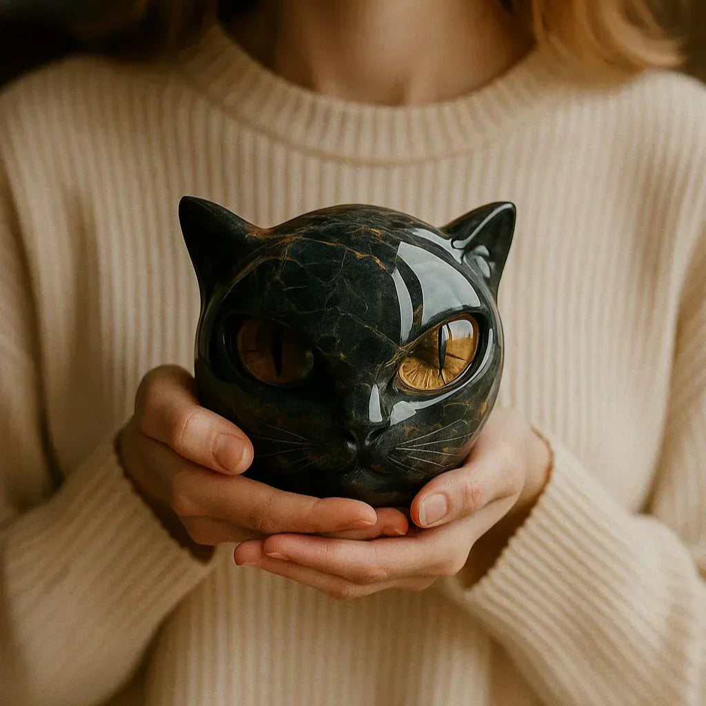 Person holding a black cat-shaped object with a neutral background