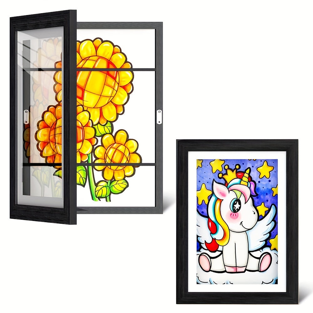 Framed stained glass window design with flowers and a framed illustration of a unicorn.