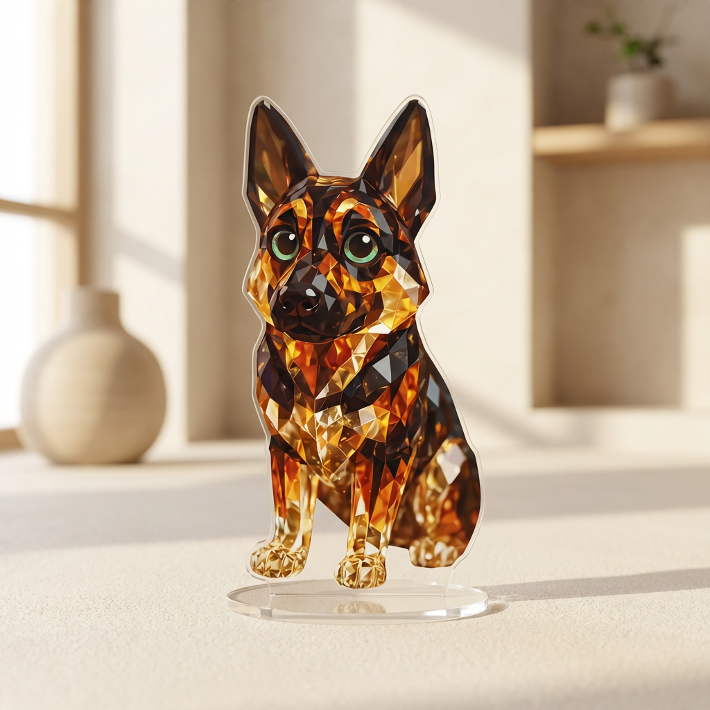 Crystal dog figurine on a reflective surface with a neutral background