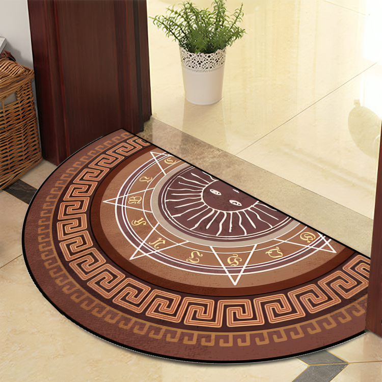 Decorative rug with geometric patterns on a tiled floor