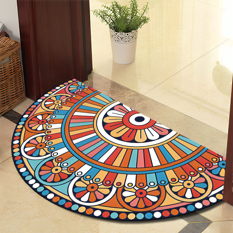 Colorful half-circle rug with geometric pattern on a tiled floor.