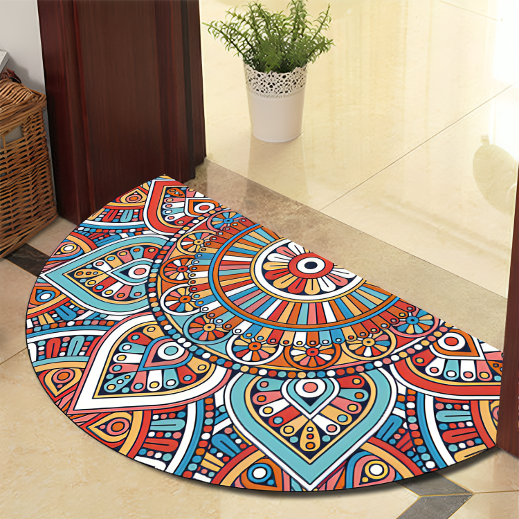 Colorful geometric patterned rug on a tiled floor with a plant and basket in the background.