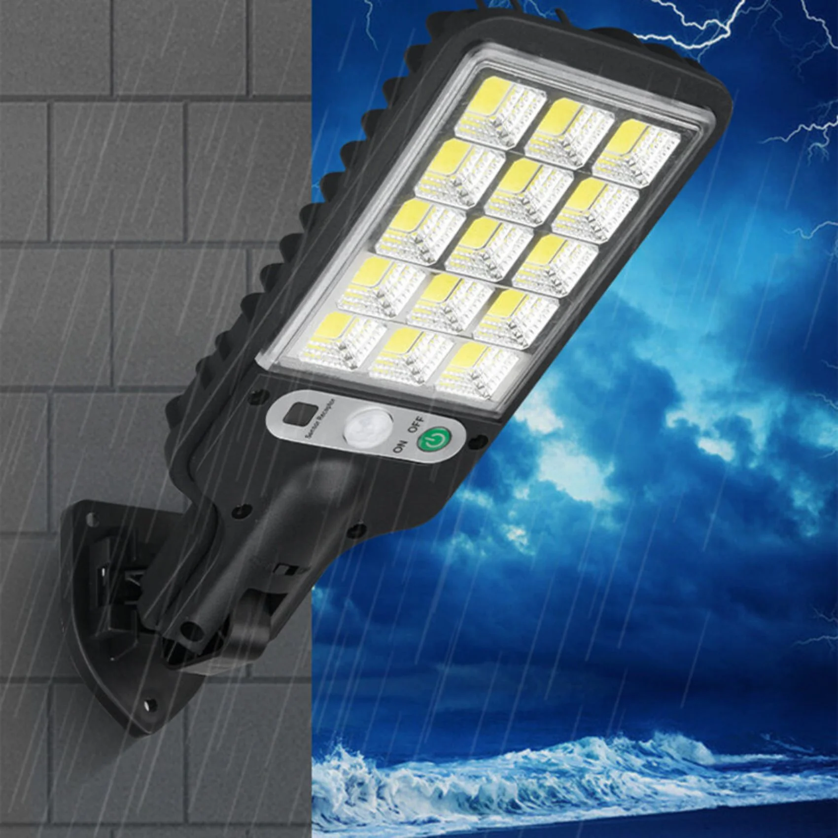 LED street light with a stormy sky and water background