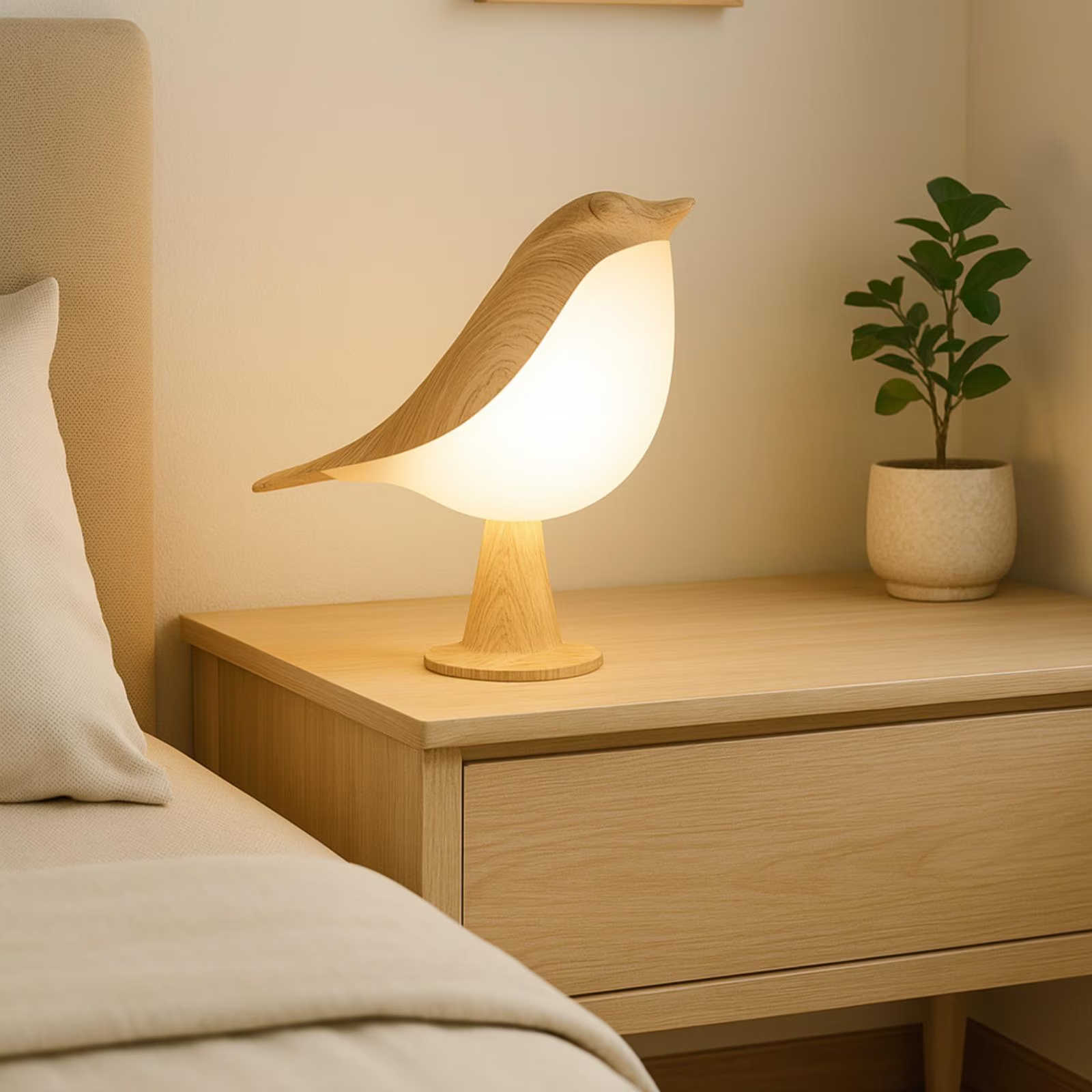 Wooden bird-shaped lamp on a nightstand next to a bed