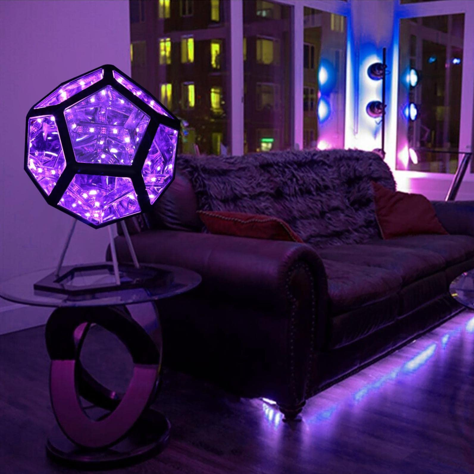 Geometric LED lamp in a modern living room with purple lighting
