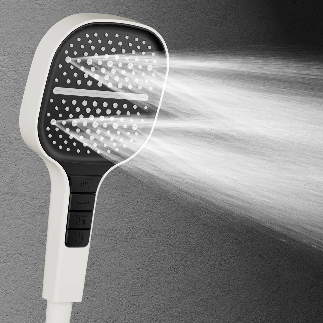 Handheld shower head with water spray on a gray background