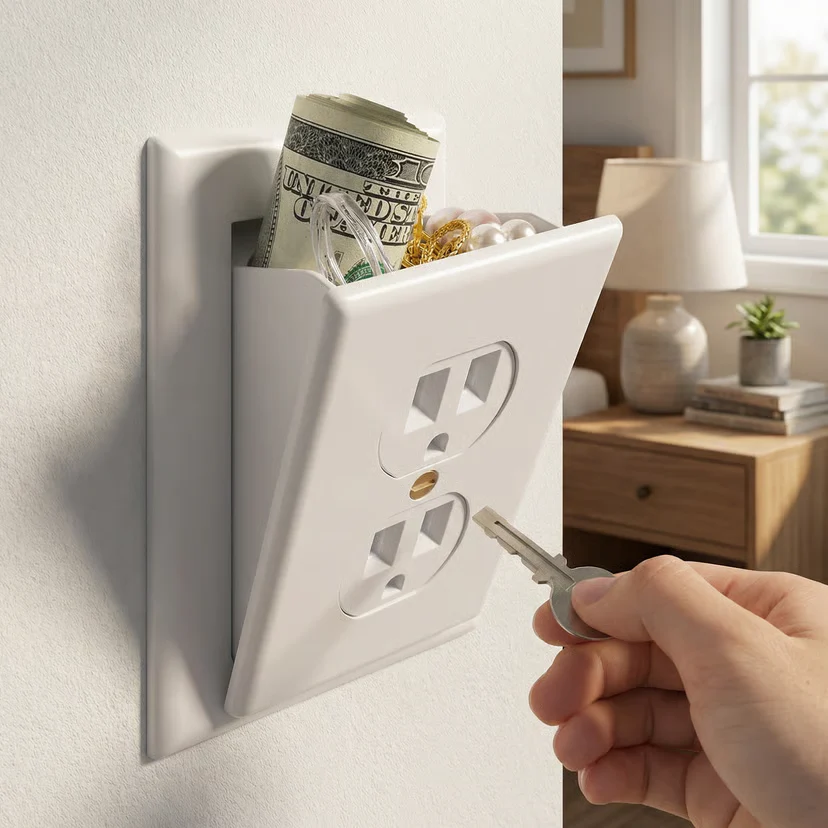 White outlet cover with money and keys peeking out, hand holding a key.