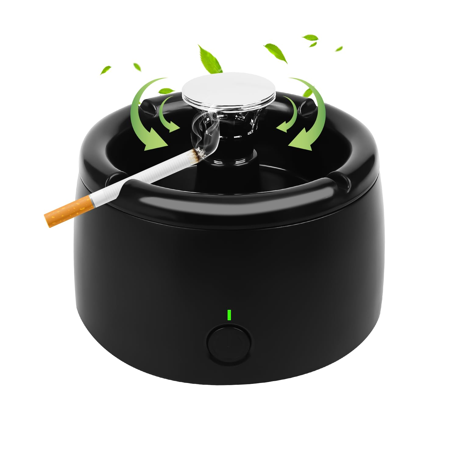 Black ashtray with a cigarette inside on a white background
