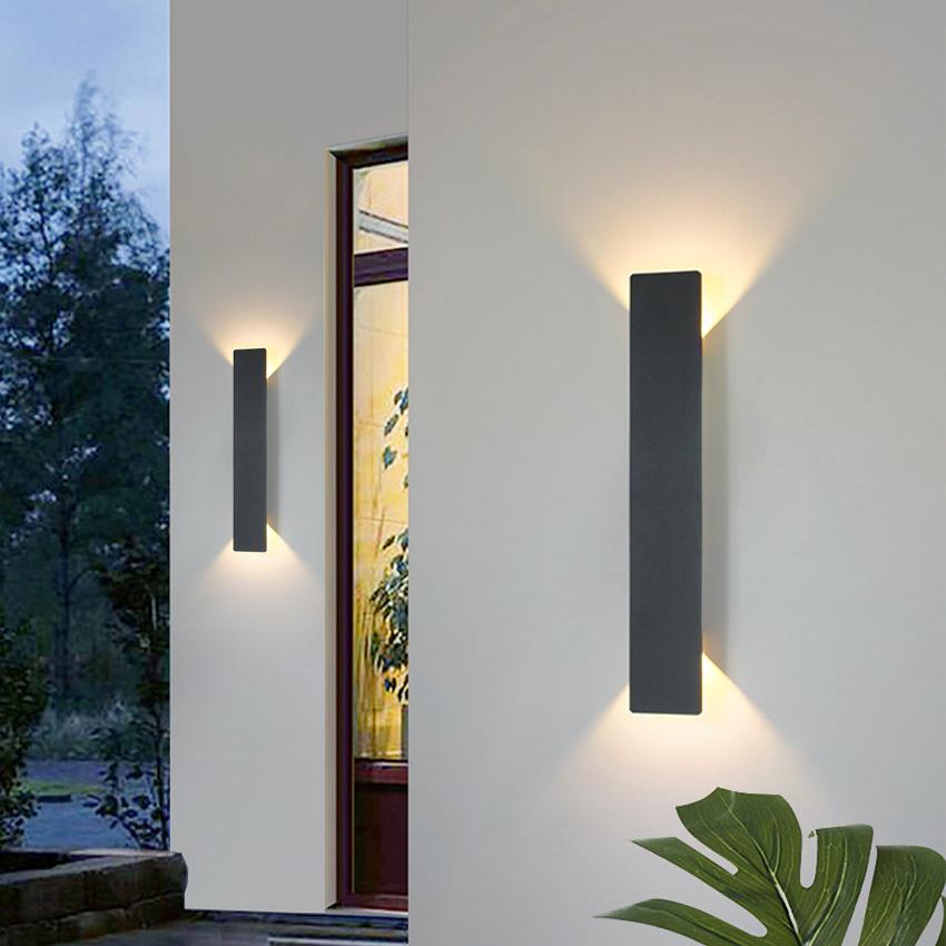 Modern outdoor wall lights on a building exterior with a blurred background