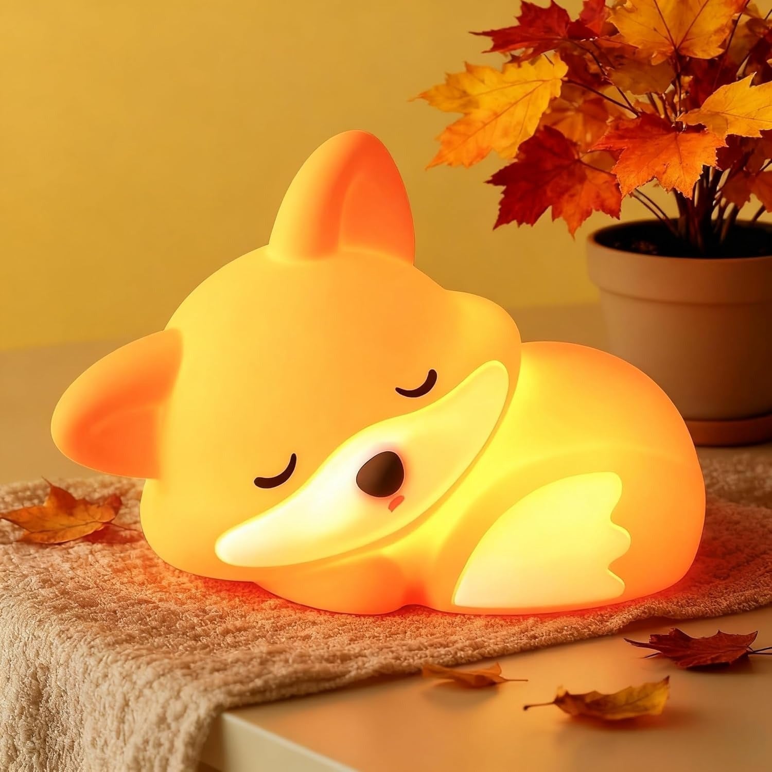 Fox-shaped night light on a surface with autumn leaves and a plant in the background