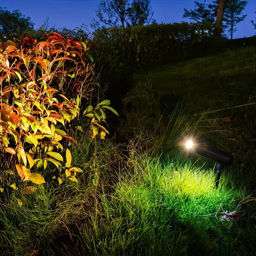 Outdoor spotlight illuminating grass and bushes at night.