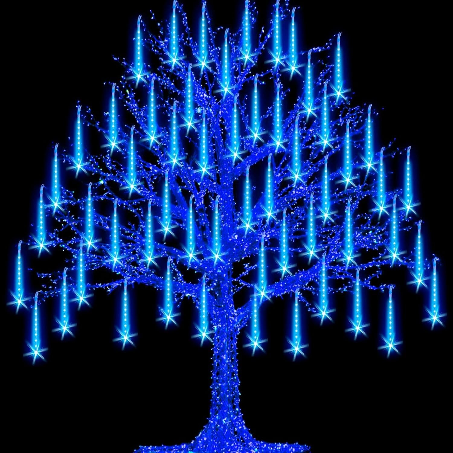 Blue LED tree light display on a black background
