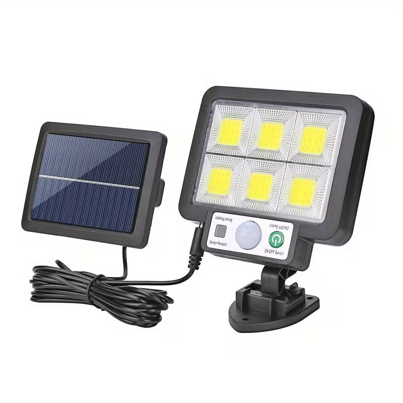 Solar-powered LED light with solar panel on a white background