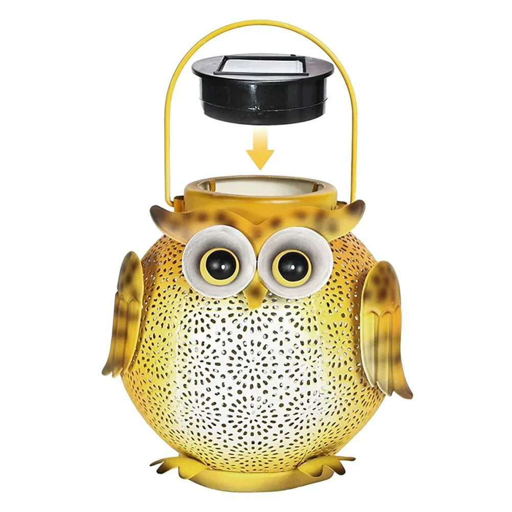 Solar-powered owl lantern with a white background