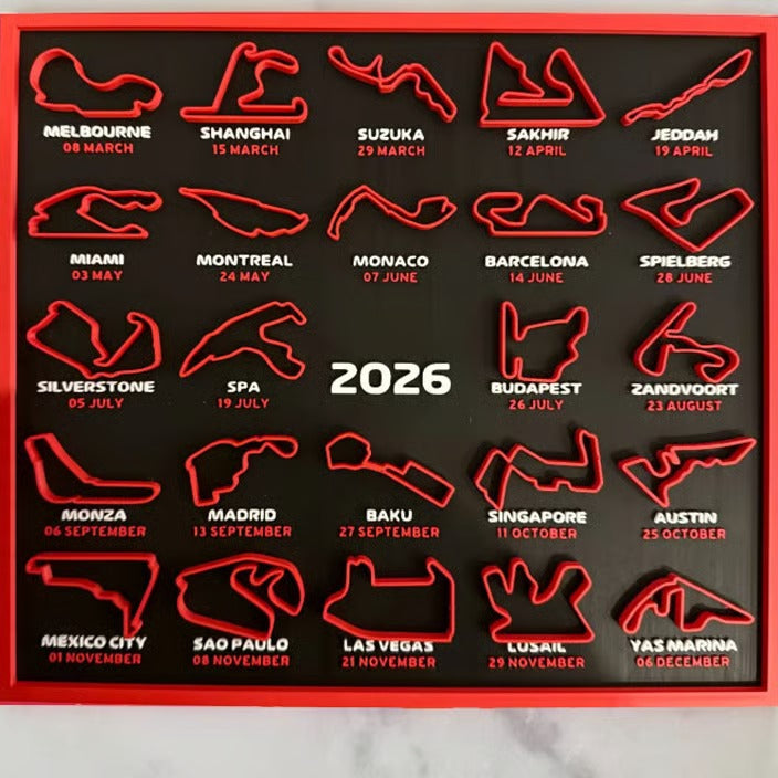 Calendar with red race track illustrations and event dates on a black background