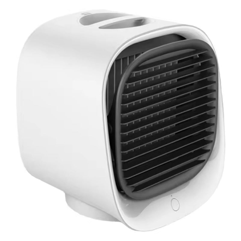 White portable fan with black interior on a white background