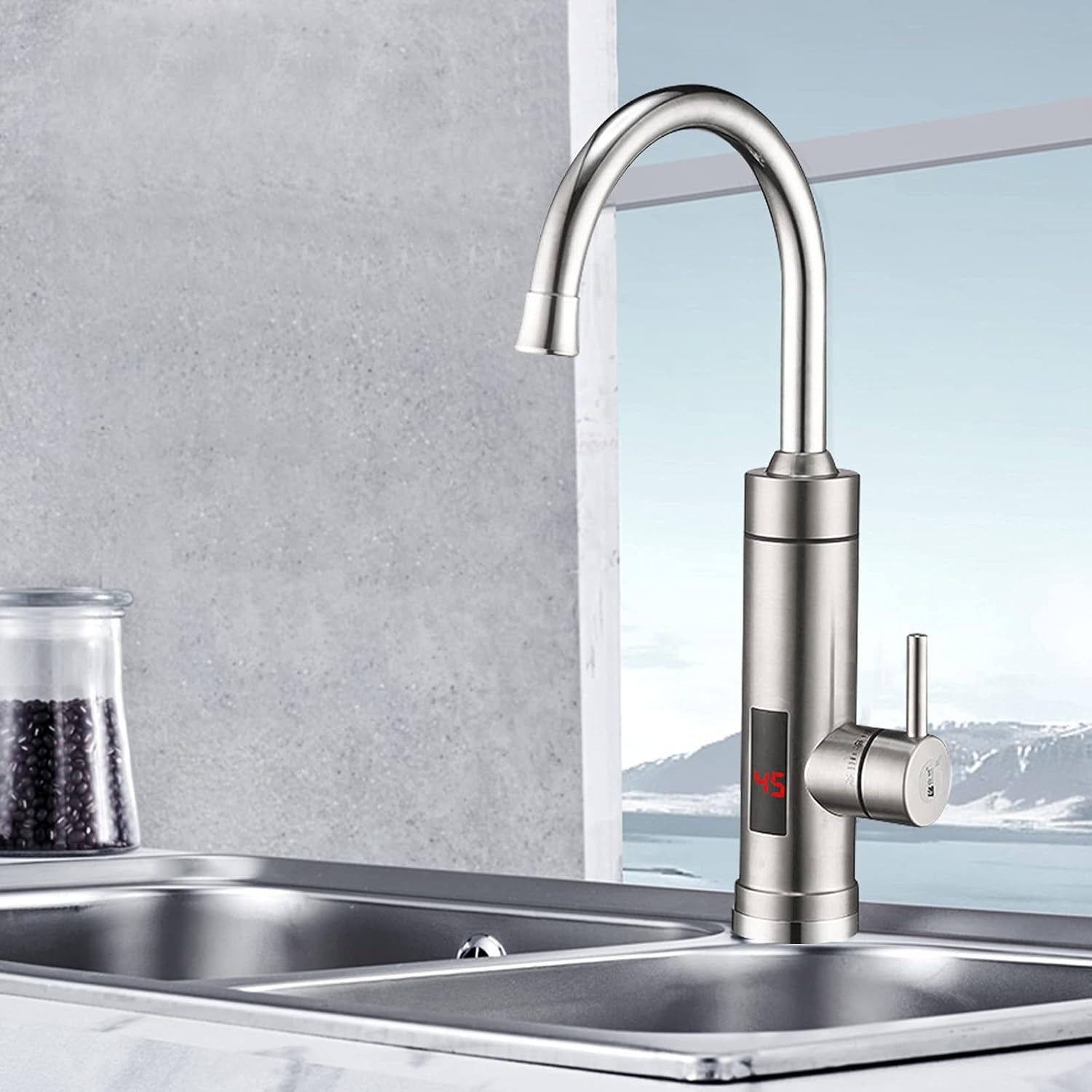 Modern kitchen faucet with digital display on a sink