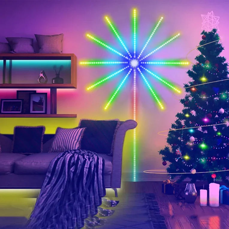 Living room with a colorful LED star wall light and Christmas tree.