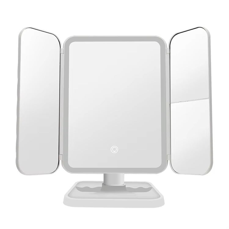 Three-panel makeup mirror with LED lights on a white background