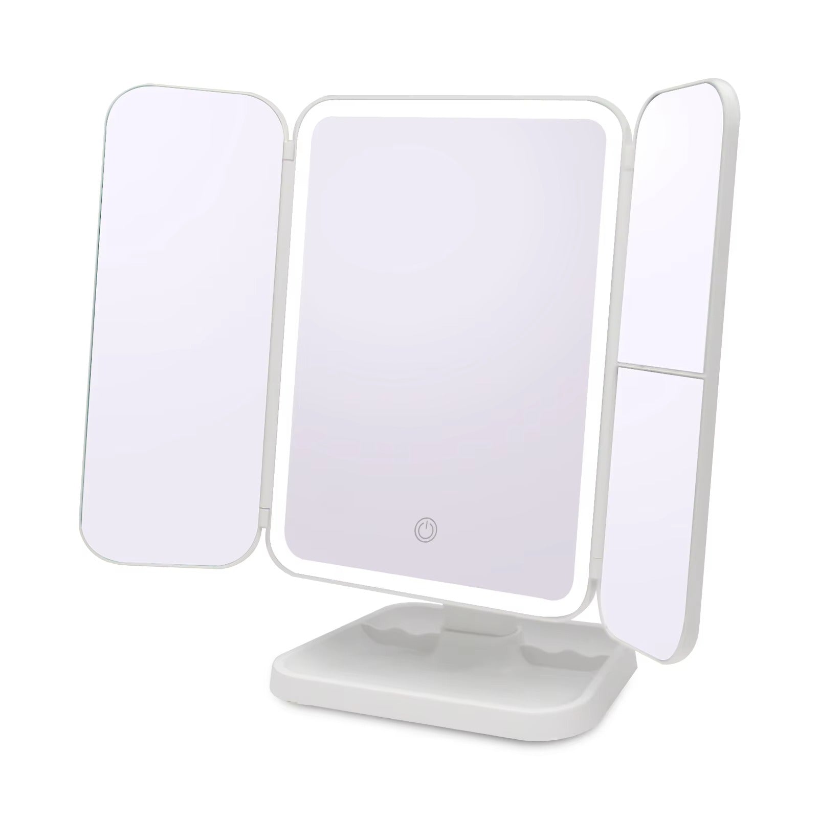 Tri-fold makeup mirror with LED lights on a white background