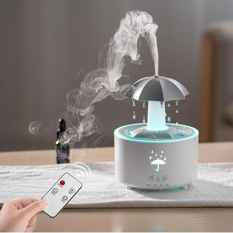 Humidifier with umbrella design and remote control on a table