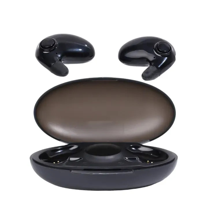 Black wireless earbuds with charging case on a white background