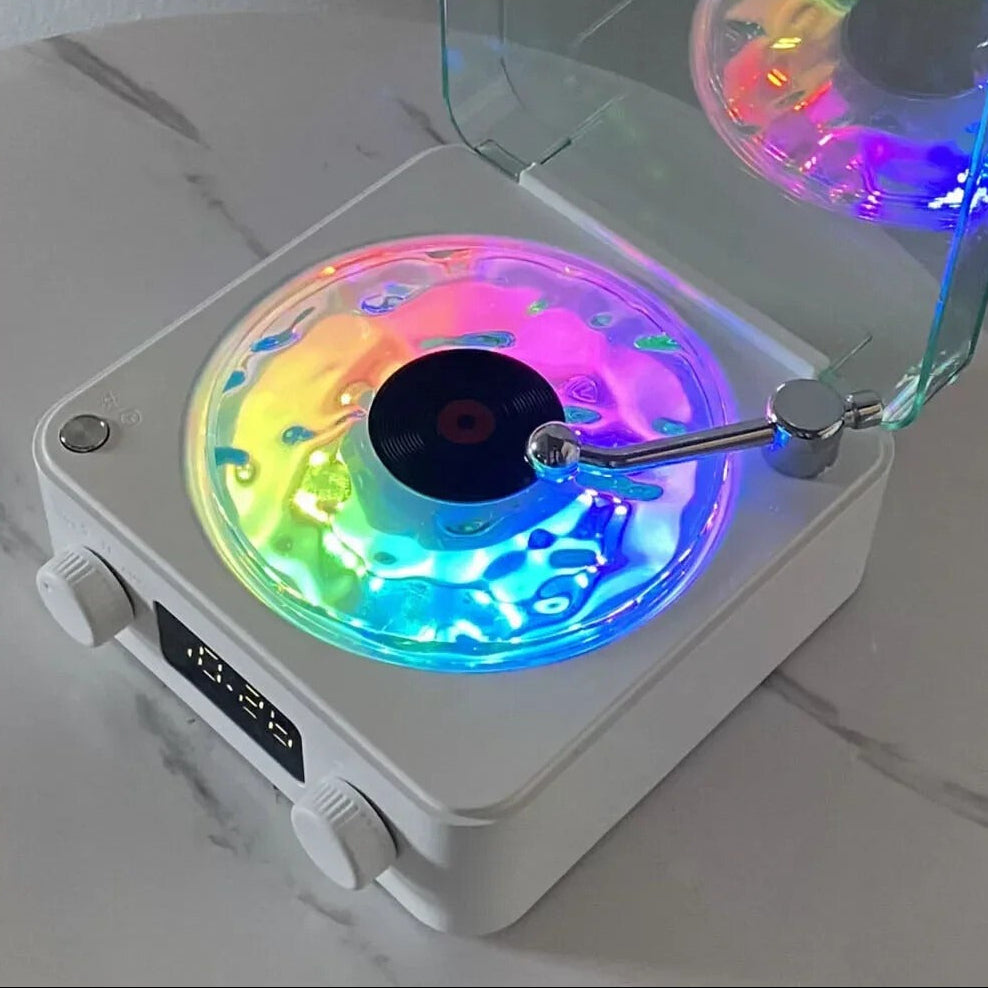 Colorful LED light show device on a white surface